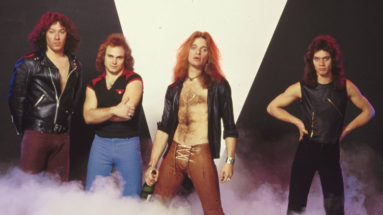 Alex Van Halen, Michael Anthony, David Lee Roth, and Eddie Van Halen pose for Van Halen group photo