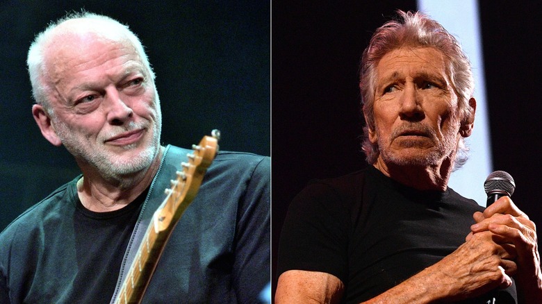 A split screen image of Dave Gilmour on the left and Rogwer Waters on the right