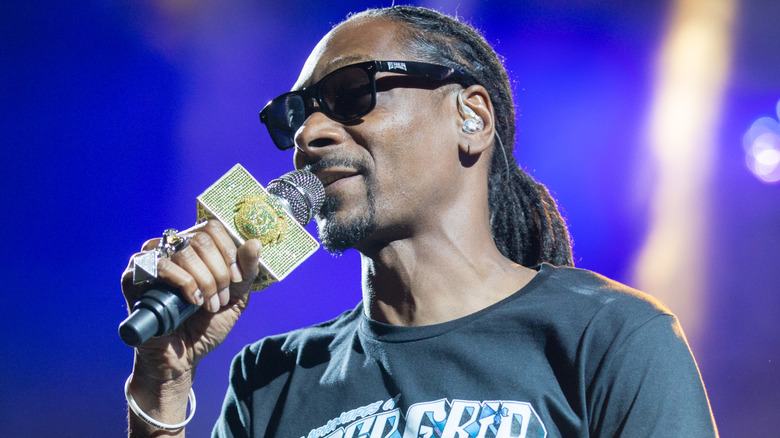 Snoop Dogg holding a microphone onstage