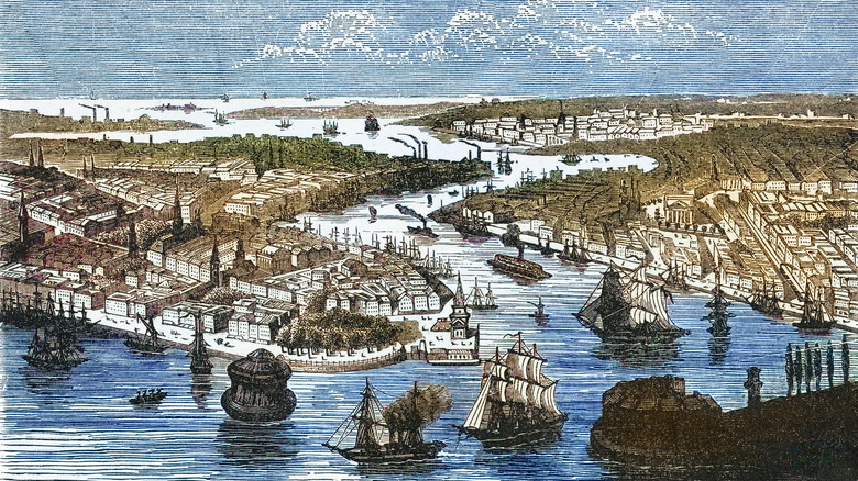 Colored etching of New York City in the 1700s