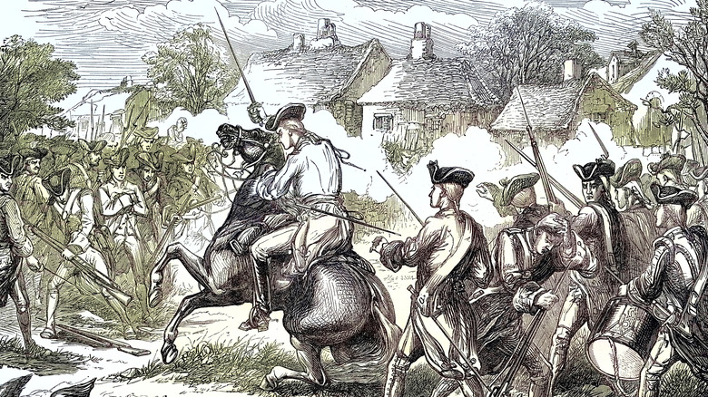Colored etching of fighting at the Battle of Lexington