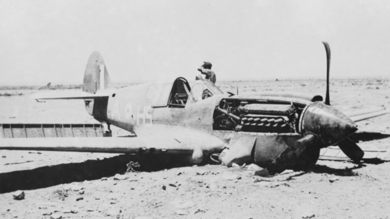 A German soldier near a crashed Curtiss Kittyhawk I in North Africa