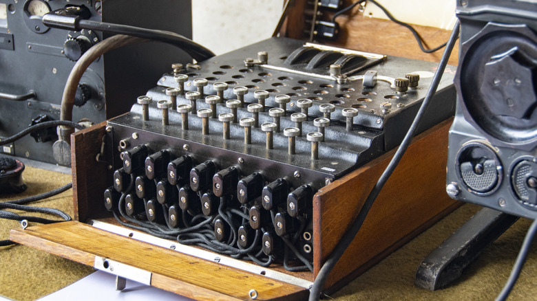 An Enigma machine sitting on a desk