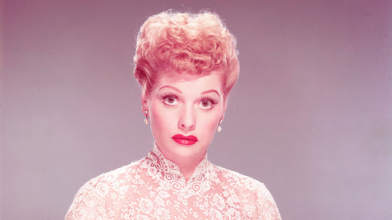 publicity shot of lucille ball in white dress