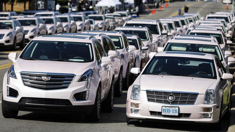 Pink Cadillacs outside Aretha Franklin funeral