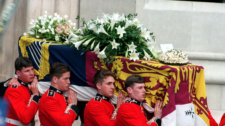 Princess Diana's coffin being carried.