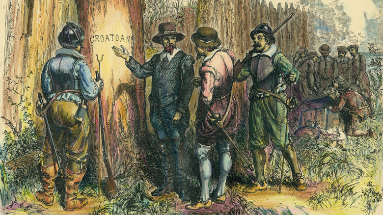 illustration of searchers finding the word croatoan