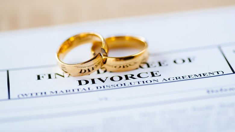 Divorce paperwork, wedding rings