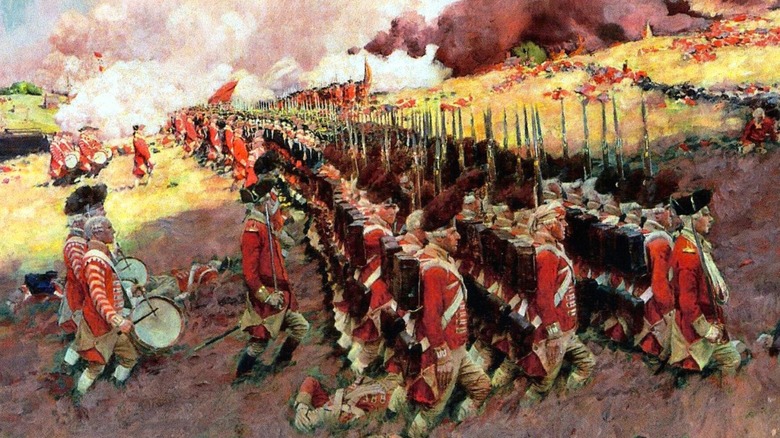 Painting of British troops marching at Battle of Bunker Hill