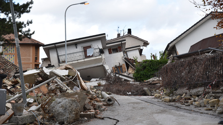 Damaged roads and houses