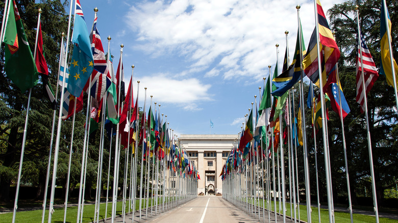 United Nations Office in Geneva, with flags