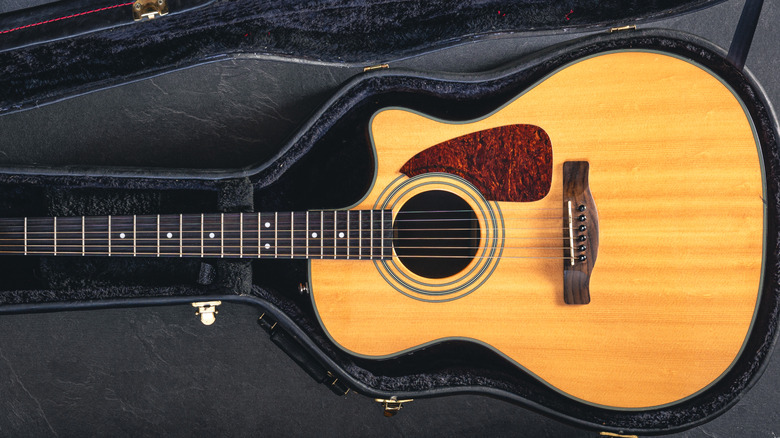 An acoustic guitar stored in a case.