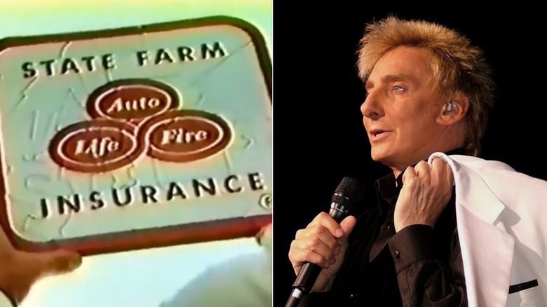 Split image of State Farm logo from ad and Barry Manilow singing with white jacket draped over shoulder