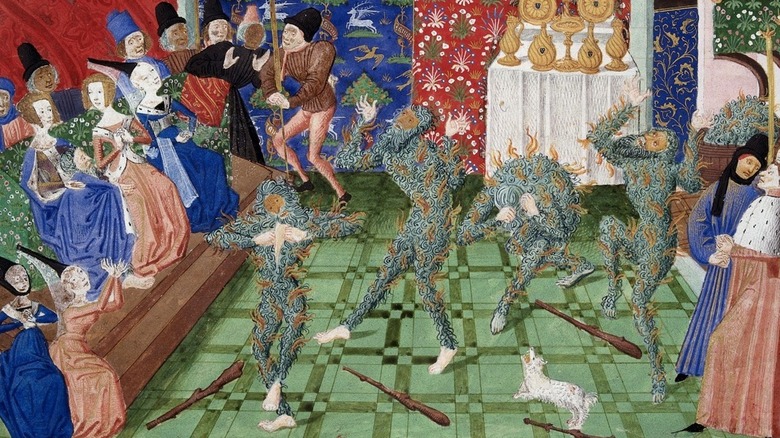 Illuminated manuscript illustration of burning dancers