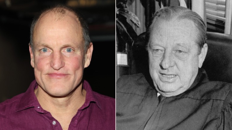 Woody Harrelson smiling and Judge John Wood, Jr. sat robes split