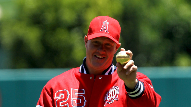 Jim Abbott brandishing baseball at camera