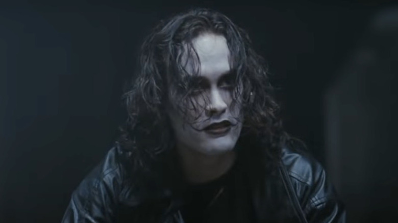 Brandon Lee wearing leather jacket in The Crow