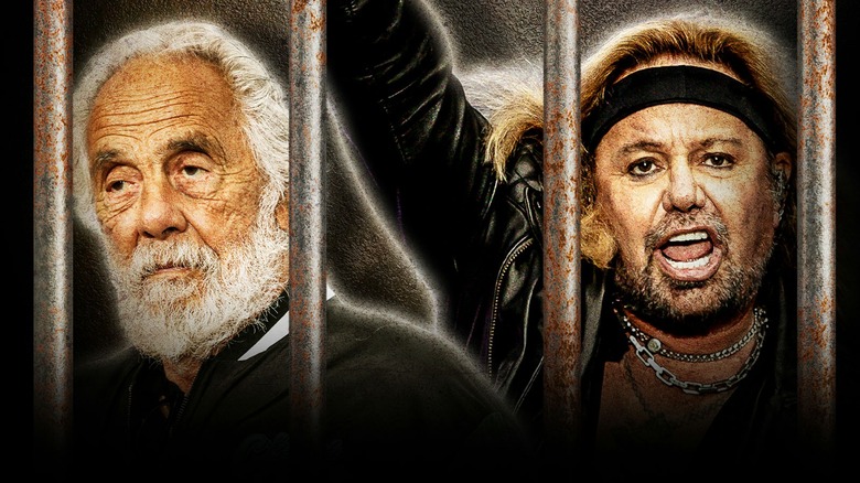 Side by side photos of Tommy Chong and Vince Neil behind jail bars