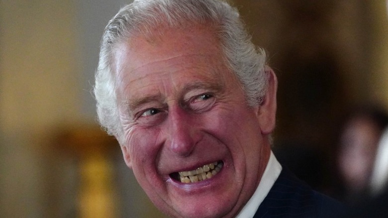 King Charles III in 2022, smiling and showing teeth