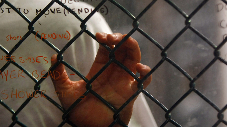 A detainee stands at an interior fence in Guantanamo