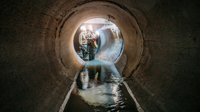 Sewer pipe examined by workers 