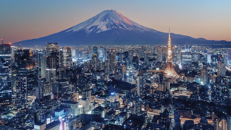 Tokyo skyline at sunset with Mount Fuji in background