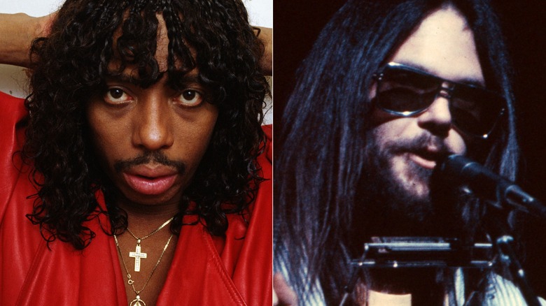 Rick James staring at camera, Neil Young on stage in sunglasses