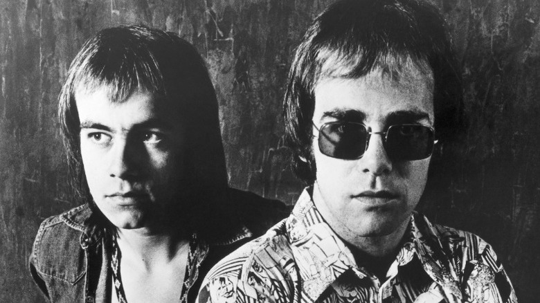 Black and white photo of Elton John and Bernie Taupin in 1971