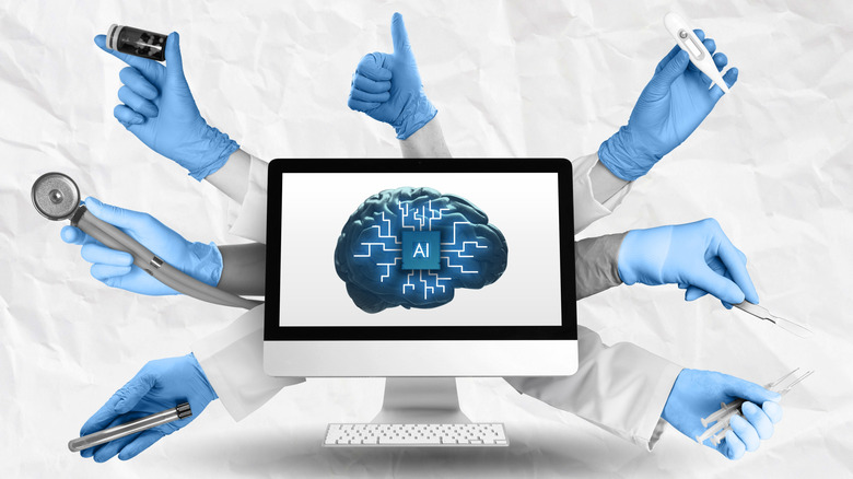 Computer with AI brain image onscreen, hands holding different kinds of healthcare equipment around it