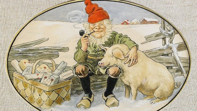 A tomte smoking a pipe with a pig