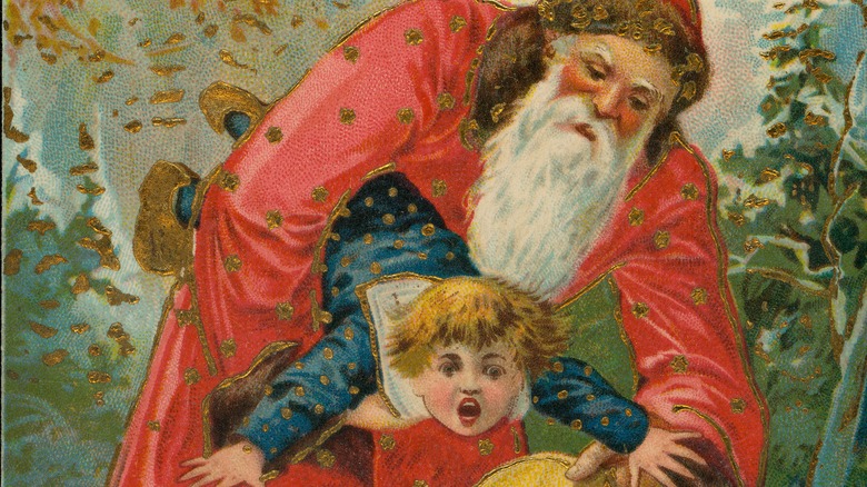 Santa stuffing a frightened child into a sack