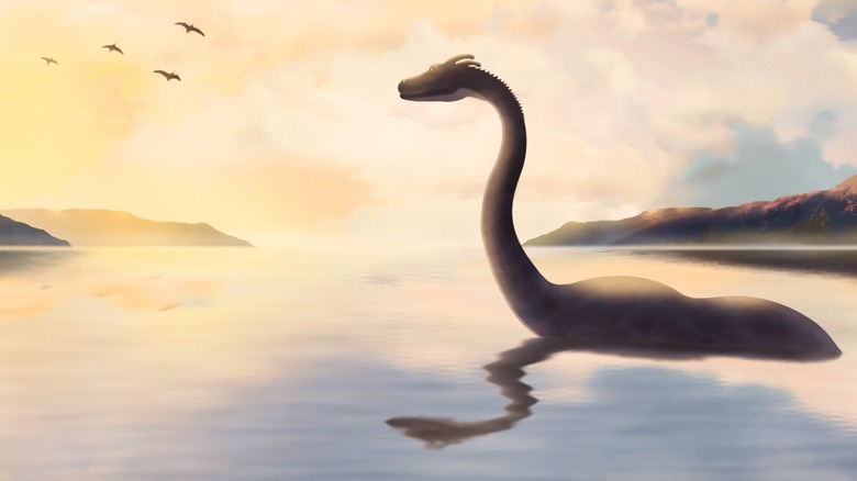 Rendering of a horned lake monster at sunset
