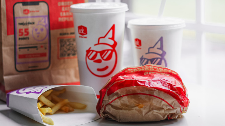 Jack in the Box burger, fries, drinks