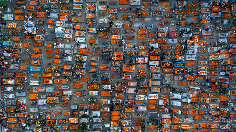 Aerial view of San Andres Mixquic pantheon as part of 'Day of The Dead' 