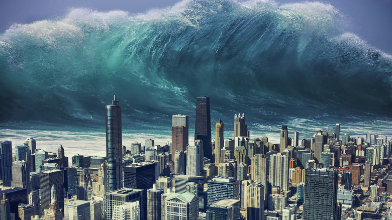 Tsunami hitting city