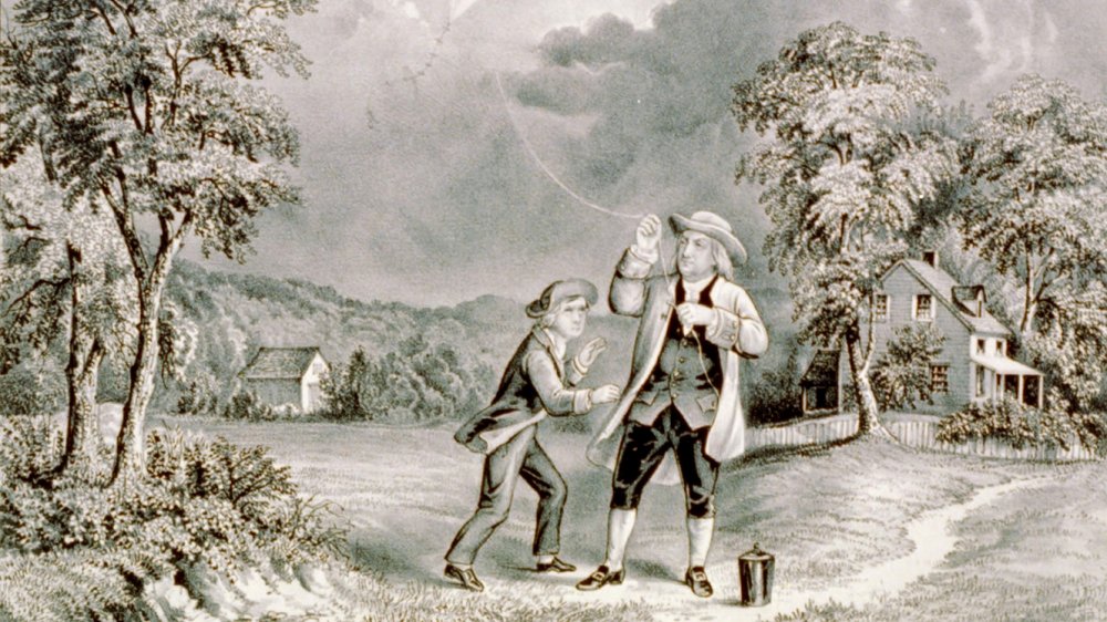 Currier and Ives print of Benjamin Franklin kite experiment