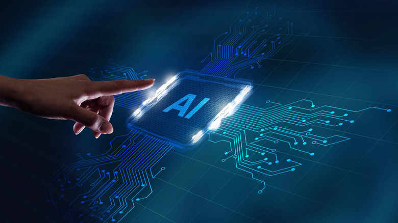 AI concept image of woman's hand pressing AI button