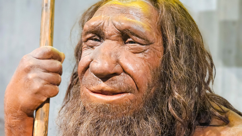 Model of neanderthal man with spear