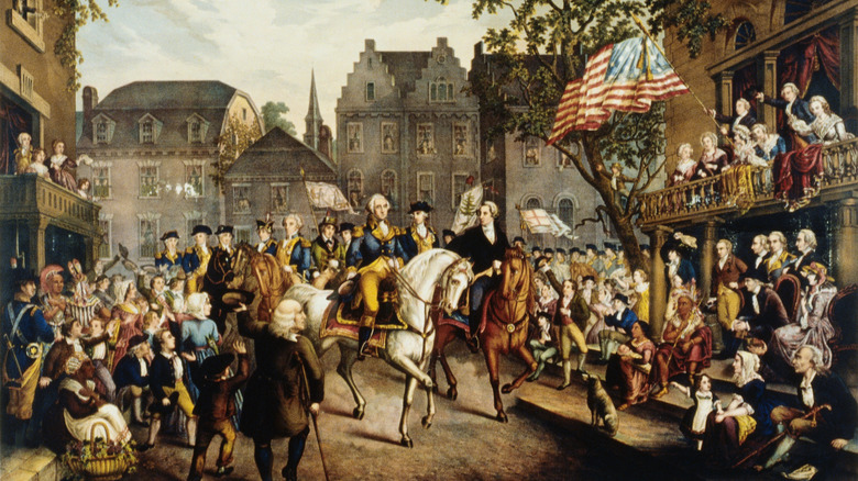 painting Washington New York cheering crowds