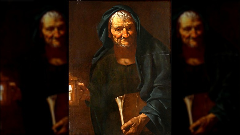 Elderly Diogenes in hood