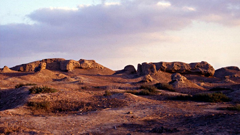 Ruins of mud-brick buildings long shadows