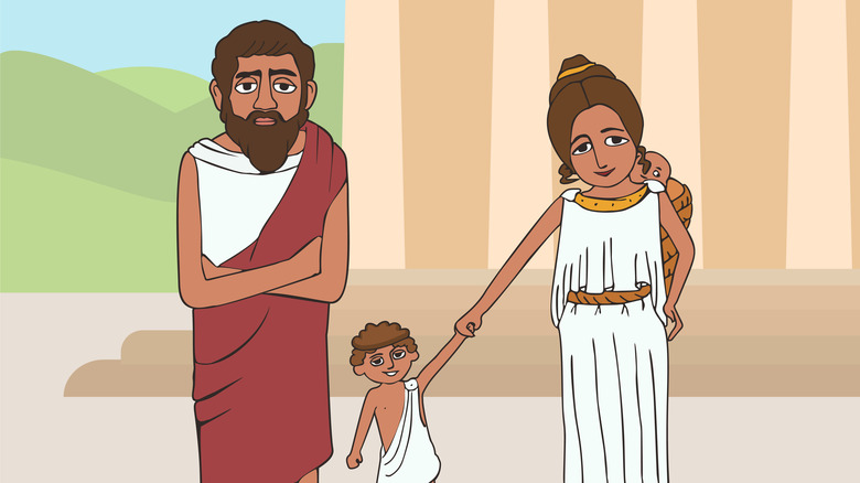 Cartoon illustration of an ancient Greek family