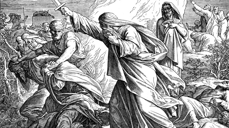 Elijah attacking Baal priests artwork