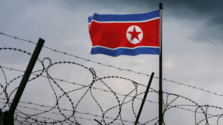 North Korean flag over barbed wire on field