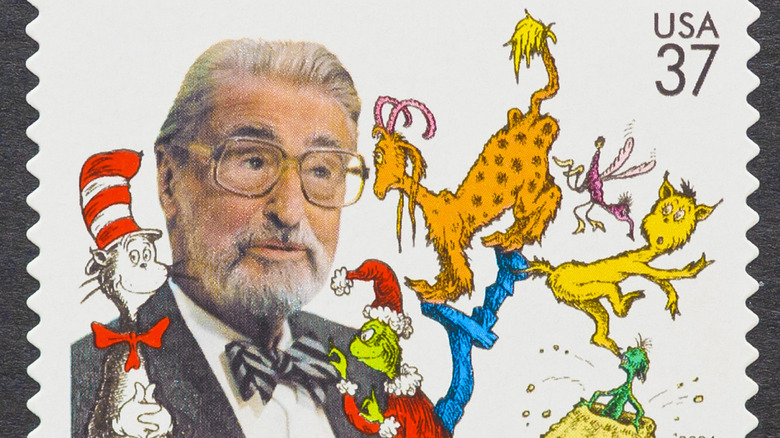 Dr Seuss and some of his characters on a postage stamp design
