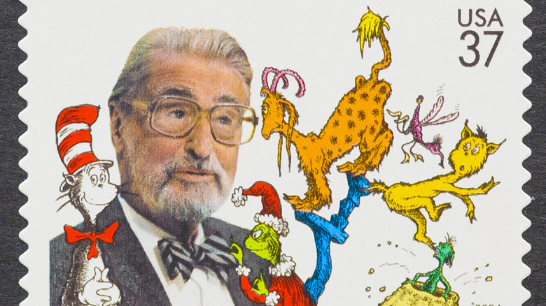 Dr Seuss and some of his characters on a postage stamp design