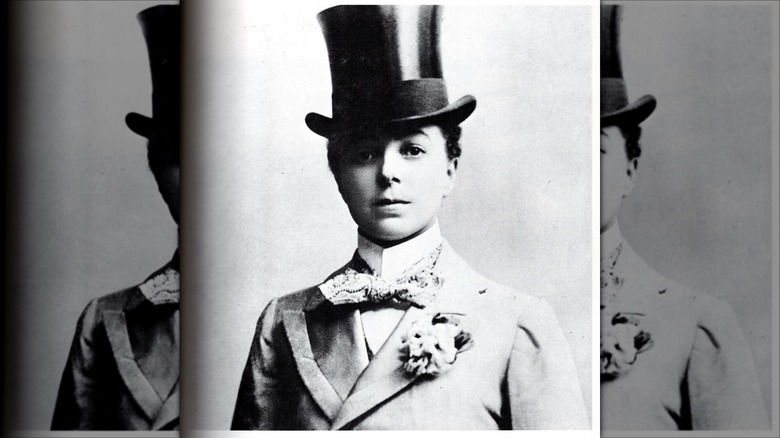 Vesta Tilley in suit bow tie top hat