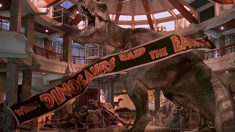 T-rex with banner, Jurassic Park