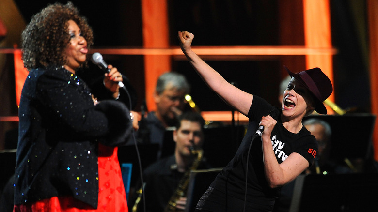 Aretha Franklin Annie Lennox perform onstage