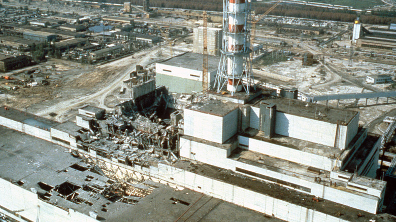 A massive hole in the reactor building at Chernobyl after the disaster